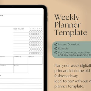 May include: A weekly planner template for digital planning. The template includes sections for daily tasks, habit tracking, notes, and top priorities. The template is designed for use with digital note-taking apps like Goodnotes and Notability.