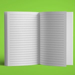 May include: An open lined notebook with white pages. The notebook is lying flat on a green surface.