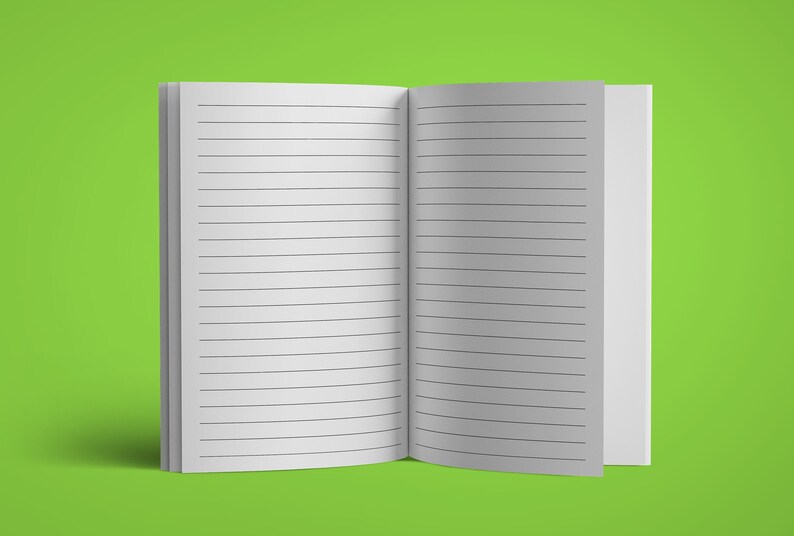 May include: An open lined notebook with white pages. The notebook is lying flat on a green surface.