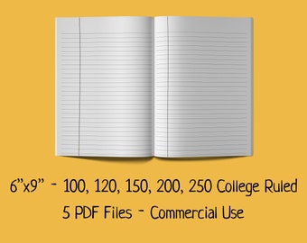 以下が含まれることがあります： 5つのPDFファイルを含む、白い大学ノート。ノートは6インチ×9インチで、1インチあたり100、120、150、200、250本の線が引かれています。ノートは商用利用可能です。