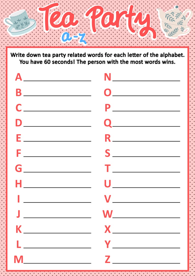 Tea Party Alphabet Game A4 A5 US SVG PDF Png | Tea Party Printable Game ...
