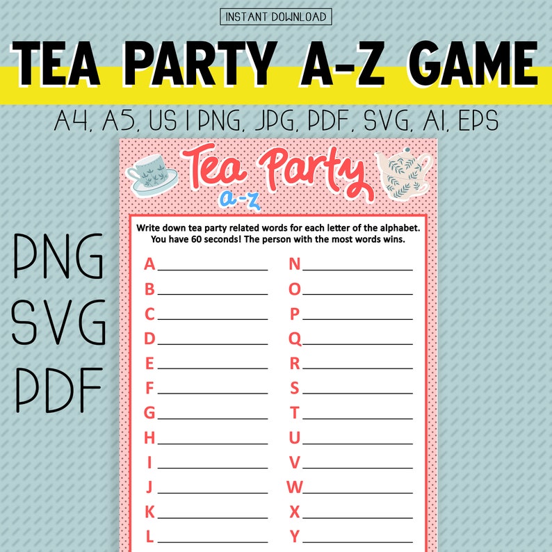 Tea Party Alphabet Game A4 A5 US SVG PDF Png | Tea Party Printable Game ...