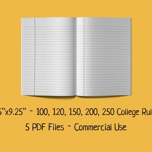 Puede incluir: Un conjunto de 5 plantillas de papel de cuaderno con reglas universitarias imprimibles en formato PDF. El papel mide 7,5 pulgadas por 9,25 pulgadas y viene en 5 opciones de espaciado de líneas diferentes: 100, 120, 150, 200 y 250 líneas por página. Estas plantillas son para uso comercial.
