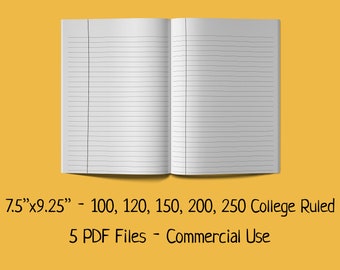 以下が含まれることがあります： PDF 形式の印刷可能な大学ノート用紙テンプレート 5 つセット。用紙のサイズは 7.5 インチ x 9.25 インチで、行間隔は 5 種類 (100 行、120 行、150 行、200 行、250 行) から選択できます。これらのテンプレートは商用利用可能です。