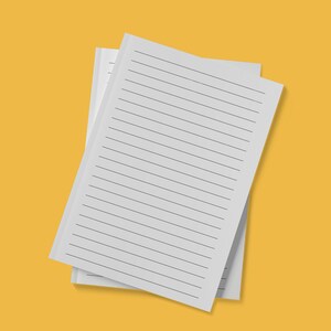May include: Two blank lined sheets of white paper stacked on top of each other against a yellow background.