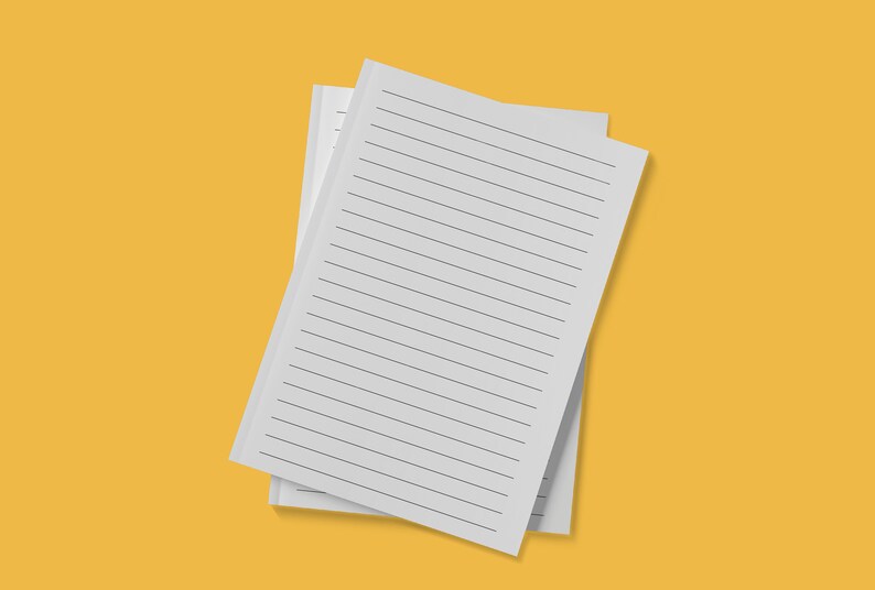 May include: Two blank lined sheets of white paper stacked on top of each other against a yellow background.