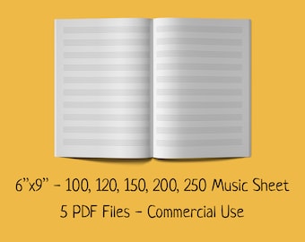 May include: A set of 5 printable music sheets in PDF format. The sheets are 6 inches by 9 inches and come in 5 different sizes: 100, 120, 150, 200, and 250. The sheets are designed for commercial use.