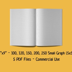 May include: Five printable graph paper sheets in PDF format. Each sheet is 6 inches by 9 inches and features a grid with 5x5 squares. The grid sizes are 100, 120, 150, 200, and 250 squares per sheet. These graph paper sheets are for commercial use.