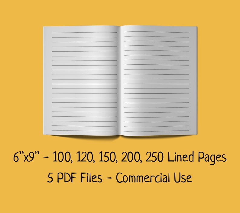 May include: A blank, lined notebook with a white cover. The notebook is open to show the lined pages. The notebook is 15.2 cm by 22.9 cm and has 100, 120, 150, 200, or 250 pages. The notebook is available as a digital download in 5 PDF files for commercial use.