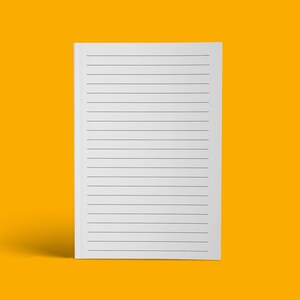 May include: A white lined notepad with a blank surface, standing upright on a yellow background.