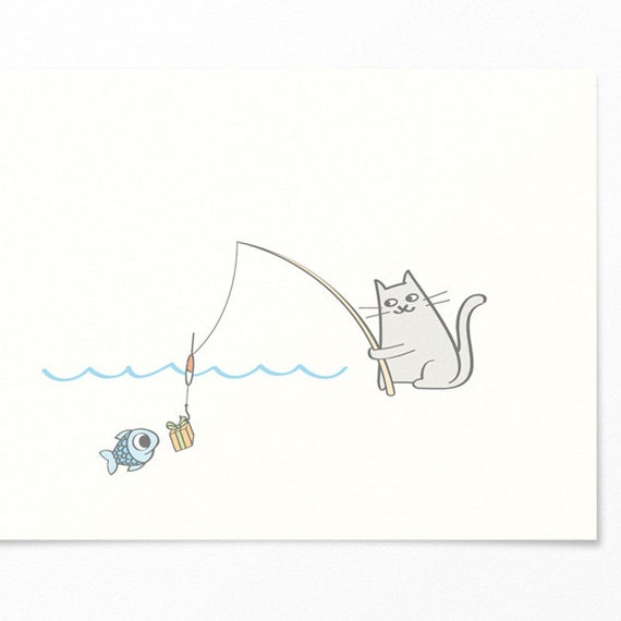 Carte Danniversaire Le Chat Peche Le Poisson Avec Un Cadeau Etsy