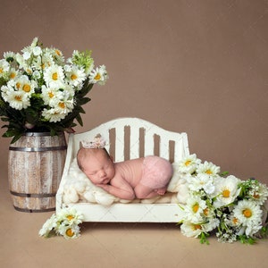 digital backdrop of wooden bed with flowers for Newborn Baby Photography