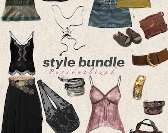 Peut inclure: Une collection de vêtements et d'accessoires pour femmes, comprenant des hauts, des jupes, des shorts, une jupe en jean, des chaussures, des sacs, des bijoux et des lunettes. L'image présente une variété de styles et de couleurs, avec le texte 'style bundle personalized'.