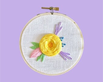 Pastel Rainbow Rose Floral 4 Inch Hand Embroidery Hoop Art