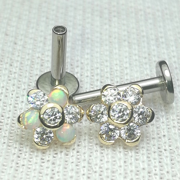 16g Labret piercing/ 14K Solid Gold Opal CZ Tragus piercing/Lip piercing/Medusa piercing Helix piercing rook piercing cartilage piercing lip