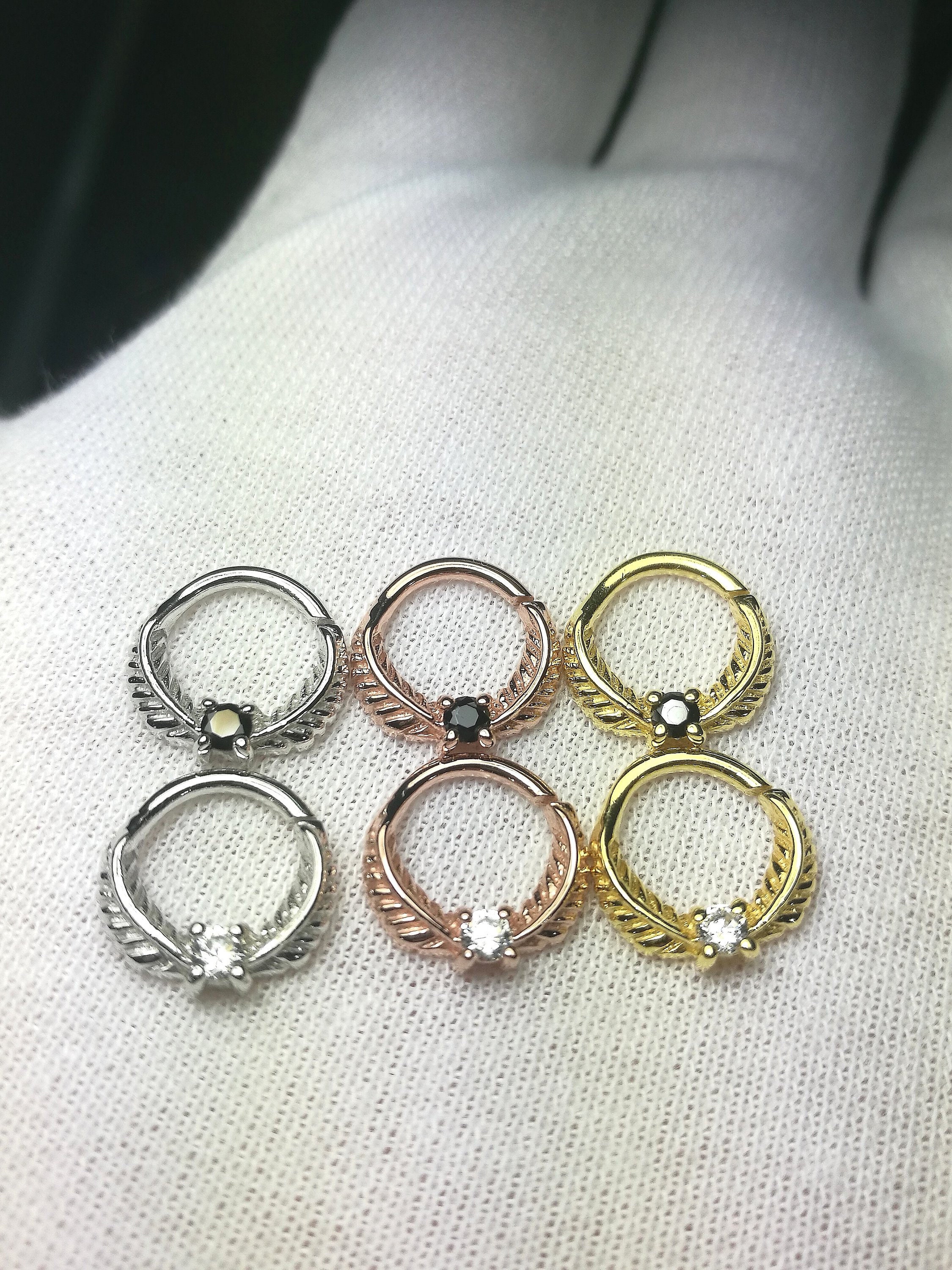 925 Sterling Silver 16g Septum Ring Clear or Black CZ Gold Etsy