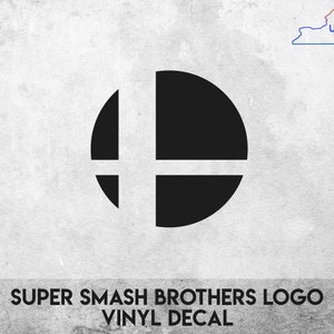 May include: Black and white Super Smash Brothers logo vinyl decal. The logo is a circle with a cross inside.