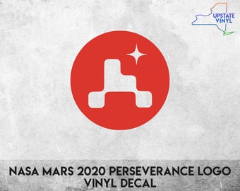 May include: Red circle with a white stylised logo of the Mars 2020 Perseverance rover. The logo is a stylised representation of the rover with a star above it. The text "NASA MARS 2020 PERSEVERANCE LOGO VINYL DECAL" is below the circle.