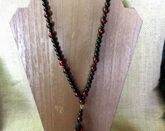 Black Jasper and Crimson Quartz Tassel Necklace