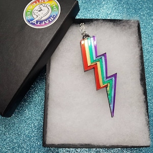 Rainbow Lightning Bolt Necklace, Mirror Acrylic, Silver Chain