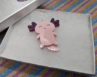 Axolotl,axolotl necklace,axolotl jewellery,fish necklace,fish jewellery,ocean necklace,fun necklace,acrylic necklace,lasercut necklace