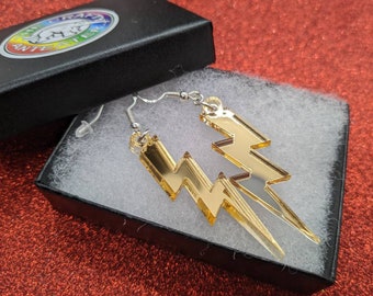 Lightning earings,Acrylic earrings, earrings,lightning,flash earrings,80s earrings,gold earrings, jewellery, Lasercut earrings,gold