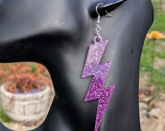 Large Statement Lightning Bolt Earrings - Red Glitter Earrings, Handmade Earrings - Acrylic Earrings -