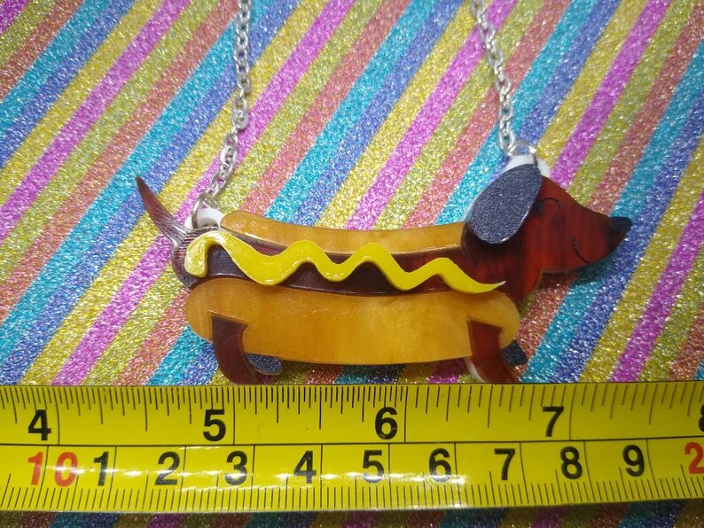 Hotdog,hotdog necklace,animal necklace,acrylic necklace,acrylic jewelry,lasercut necklace,sausage dog,sausage dog necklace,dog necklace,dog image 4