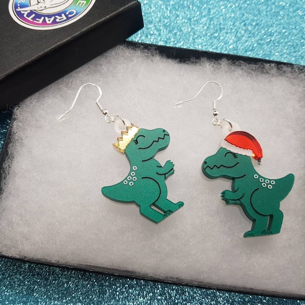 Christmas Dinosaur earrings,xmas earrings,dinosaur earrings,dinosaur jewellery,dinosaurs,xmas,christmas,acrylic earrings