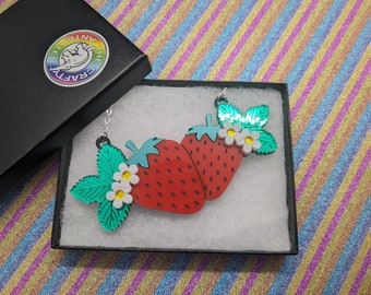 Strawberry necklace,strawberry,strawberry acrylic necklace,fruit,fruit necklace,fruit jewelry,red necklace,lasercut necklace,summer necklace