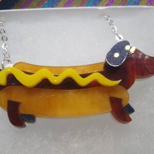 Hotdog,hotdog necklace,animal necklace,acrylic necklace,acrylic jewelry,lasercut necklace,sausage dog,sausage dog necklace,dog necklace,dog image 2