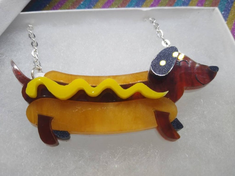 Hotdog,hotdog necklace,animal necklace,acrylic necklace,acrylic jewelry,lasercut necklace,sausage dog,sausage dog necklace,dog necklace,dog image 2