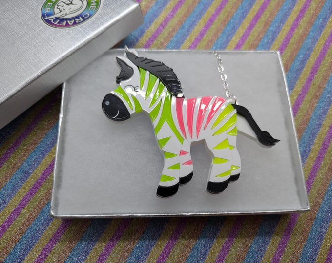 Featured listing image: Neon Zebra Acrylic Necklace, Animal Jewelry, Silver Color Chain