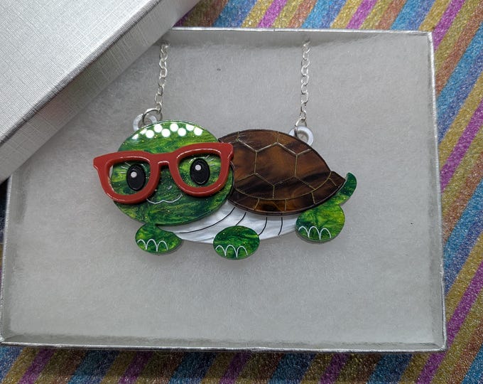 Featured listing image: Timmy The Tortoise Lasercut Acrylic Necklace, animal necklace, handmade necklace,acrylic jewellery, quirky necklace