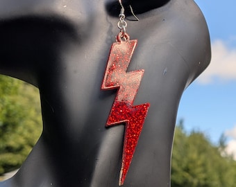 Large Statement Lightning Bolt Earrings - Red Glitter Earrings, Handmade Earrings - Acrylic Earrings -