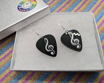 Music earrings, acrylic earrings,clef, plectrum jewellery, electric guitar, earrings,pick, plectrum, lasercut earrings.