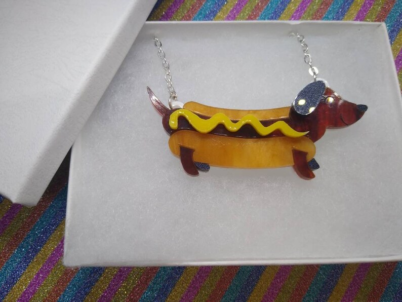 Hotdog,hotdog necklace,animal necklace,acrylic necklace,acrylic jewelry,lasercut necklace,sausage dog,sausage dog necklace,dog necklace,dog image 5