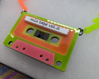 Retro Acrylic Cassette Tape Necklace, 80s Music Jewelry
