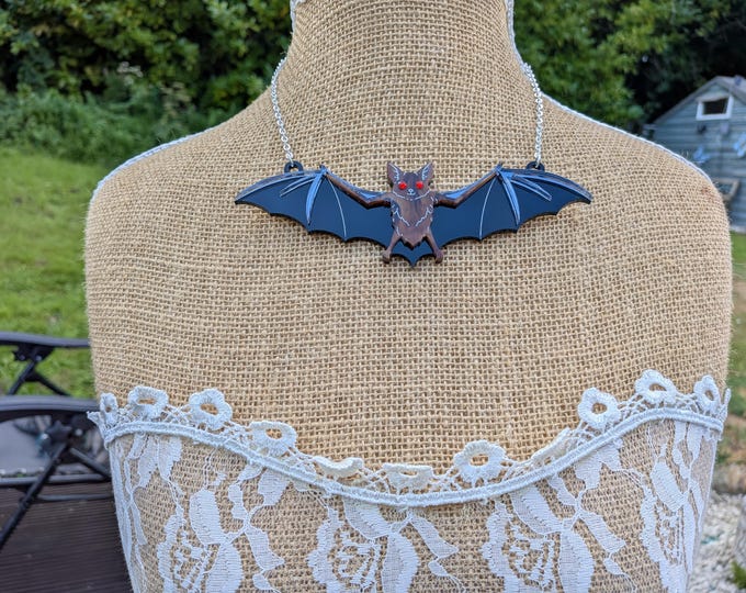 Featured listing image: Laser Cut Acrylic Bat Necklace, Halloween Jewelry - Acrylic Necklace - Lasercut Necklace - Acrylic Jewellery - quirky - fun -