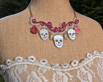 Skull and Roses Acrylic Statement Necklace - Skull - Roses - Necklace - Lasercut Necklace - Handmade Necklace -