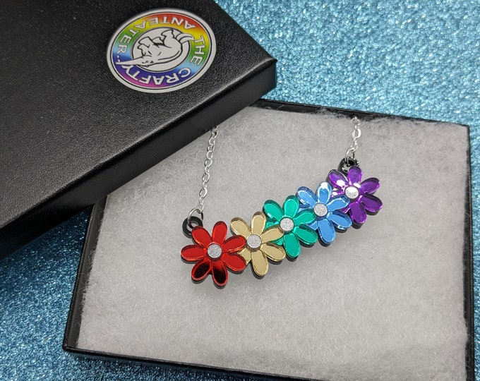 Featured listing image: Rainbow Flower Necklace,rainbow necklace,flower necklace,rainbow star,acrylic necklace,lgbt necklace,pride necklace,gay necklace,flowers