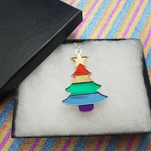 Xmas Necklace, Tree Necklace, Xmas Rainbow Necklace, Acrylic