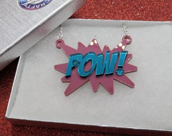 Pow,Comic Style Necklace, Cosplay Necklace, acrylic necklace,necklace,gold necklace,comic burst,comicon,comics,pow necklace