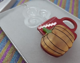 Pumpkin Tea Necklace:Lasercut Acrylic Tea Mug Necklace with a Pumpkin - Halloween and Autumn themed necklace