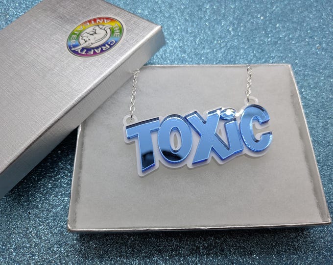 Featured listing image: Toxic Acrylic Statement Necklace, Blue & Black, Silver Color Chain