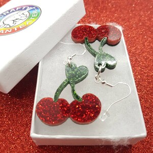 Glitter Cherry Earrings, Lasercut Acrylic, Fun Jewelry, earrings, silver earrings