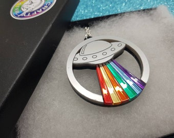 UFO necklace,UFO jewelry,alien necklace,rainbow ufo,rainbow necklace