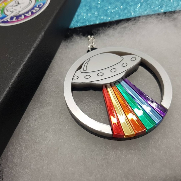 UFO necklace,UFO jewelry,alien necklace,rainbow ufo,rainbow necklace