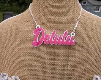Delulu Pink Acrylic Statement Necklace, Lasercut Jewelry