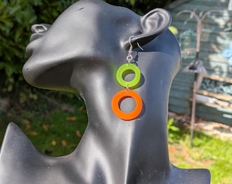 Geometric Earrings - handmade earrings - green earrings, orange earrings - Acrylic Earrings - Lasercut Earrings - geometric jewellery - fun